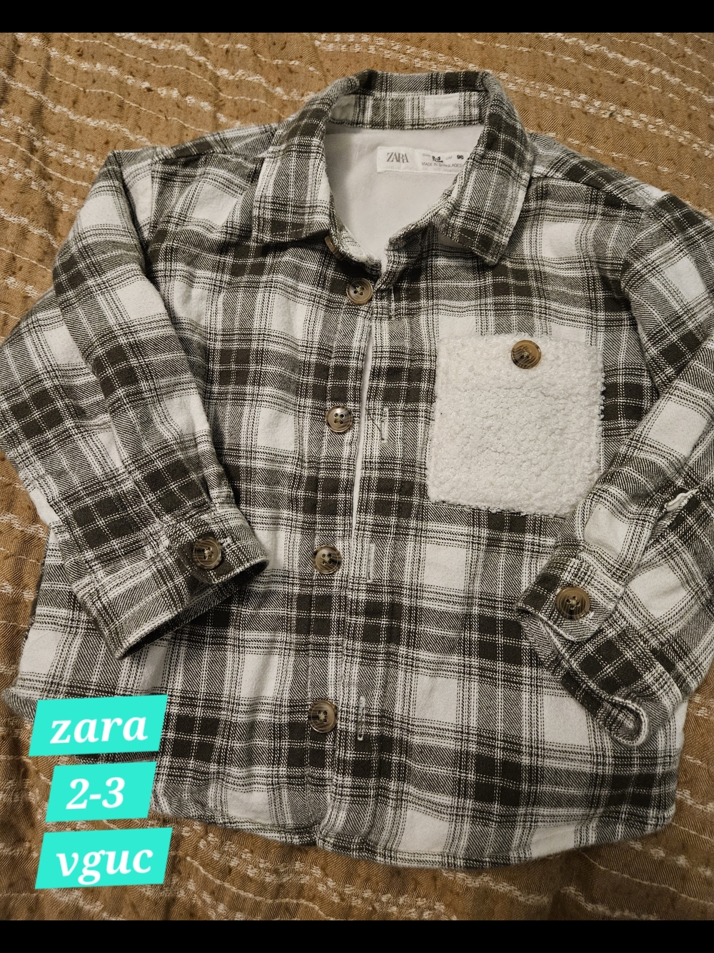 Zara Kids Plaid Sherpa Pocket Shirt Jacket - White & Olive Green
